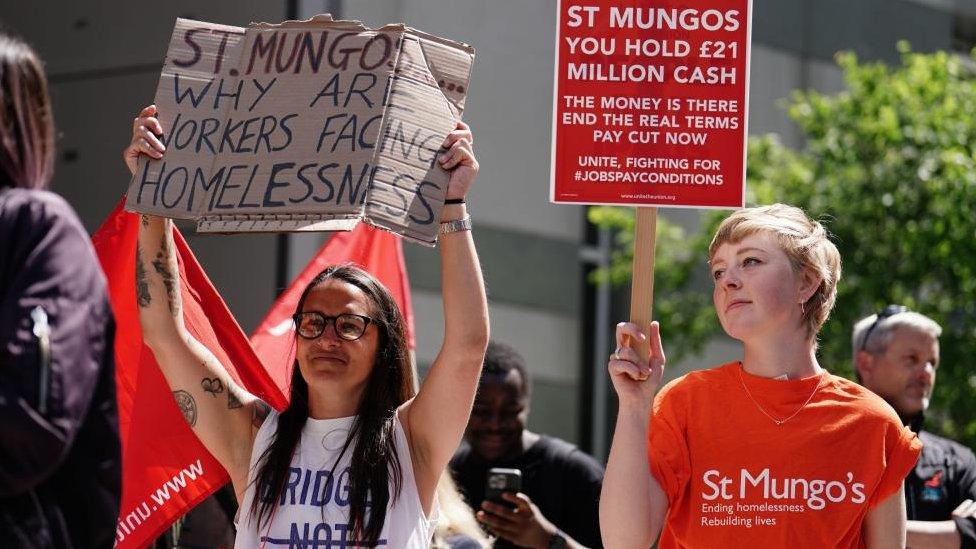 St Mungo's workers protest outside the homeless charity's head quarters in Tower Hill, London