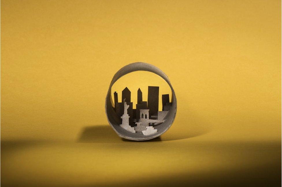 New York, USA depicted inside a toilet roll