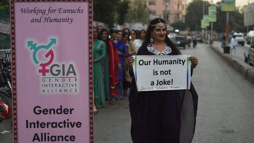 A Pakistani transgender activist poses for a photograph during a demonstration in Karachi, 20 November 2017