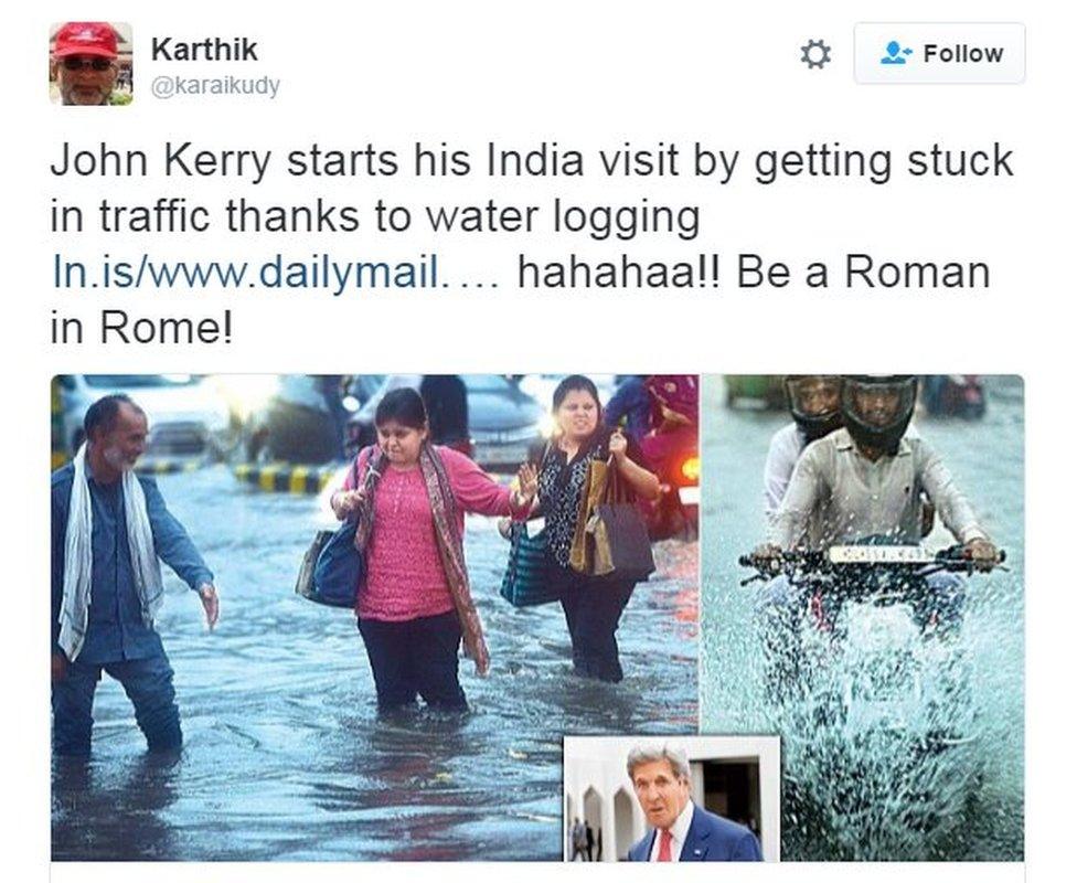 John Kerry starts his India visit by getting stuck in traffic thanks to water logging http://ln.is/www.dailymail.co.uk/cYEGU … hahahaa!! Be a Roman in Rome!