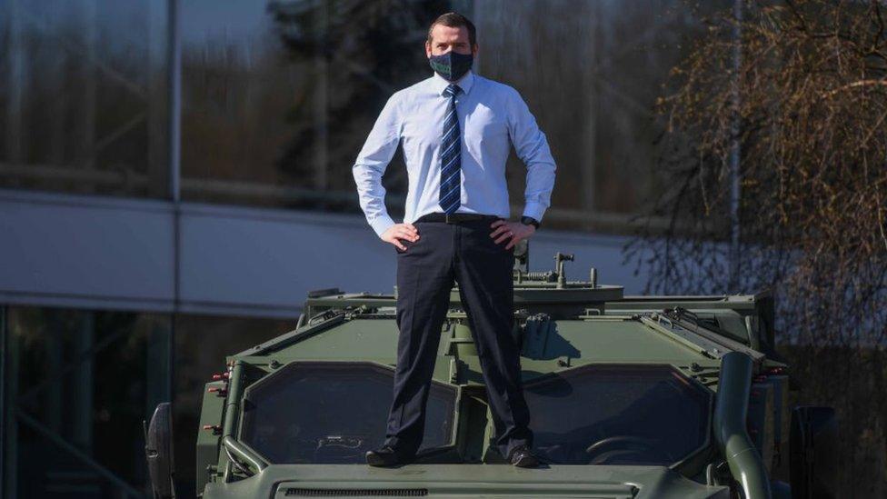 Douglas Ross, Leader of the Scottish Conservatives, is seen on a Hawkeye vehicle during a visit to Thales Optronics on April 2, 2021 in Glasgow, Scotland. Mr Ross was setting out the Scottish Conservative proposals for demand-led apprenticeships and expanding on the party's plans for a skills revolution.