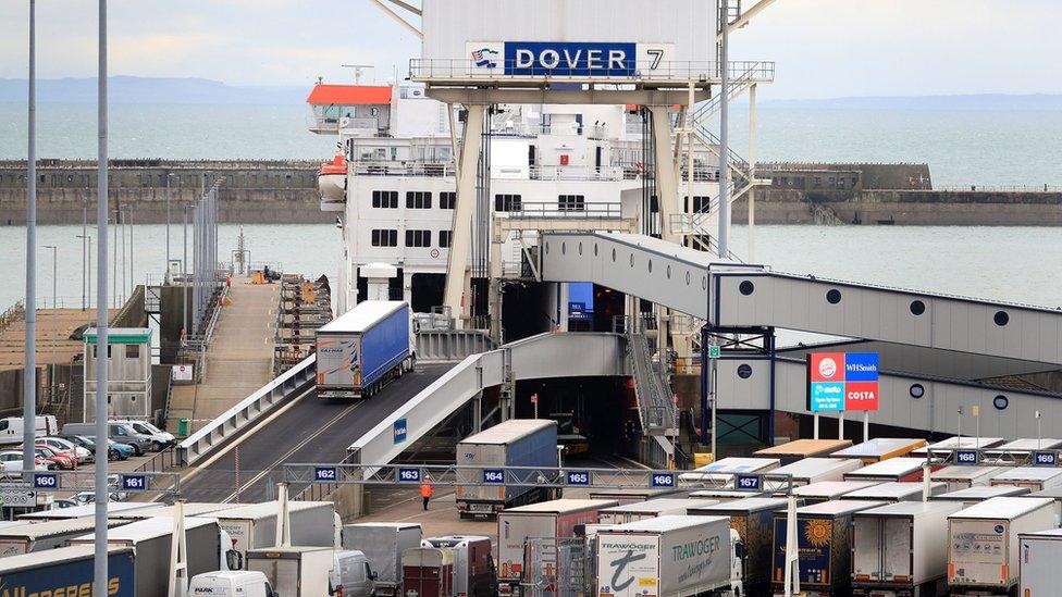 lorries board a ferry at Dover