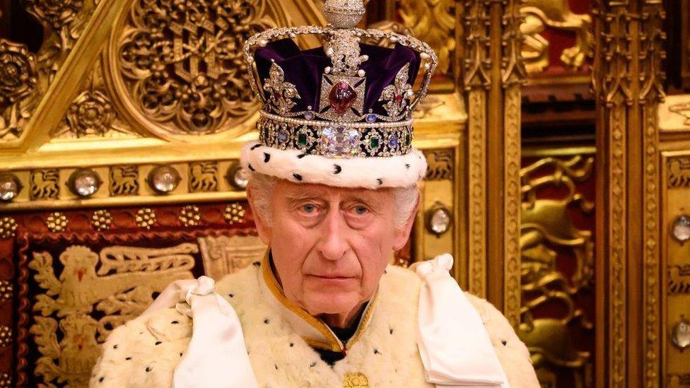 King Charles seen at the State Opening of Parliament. He wears a crown and ermine robe.