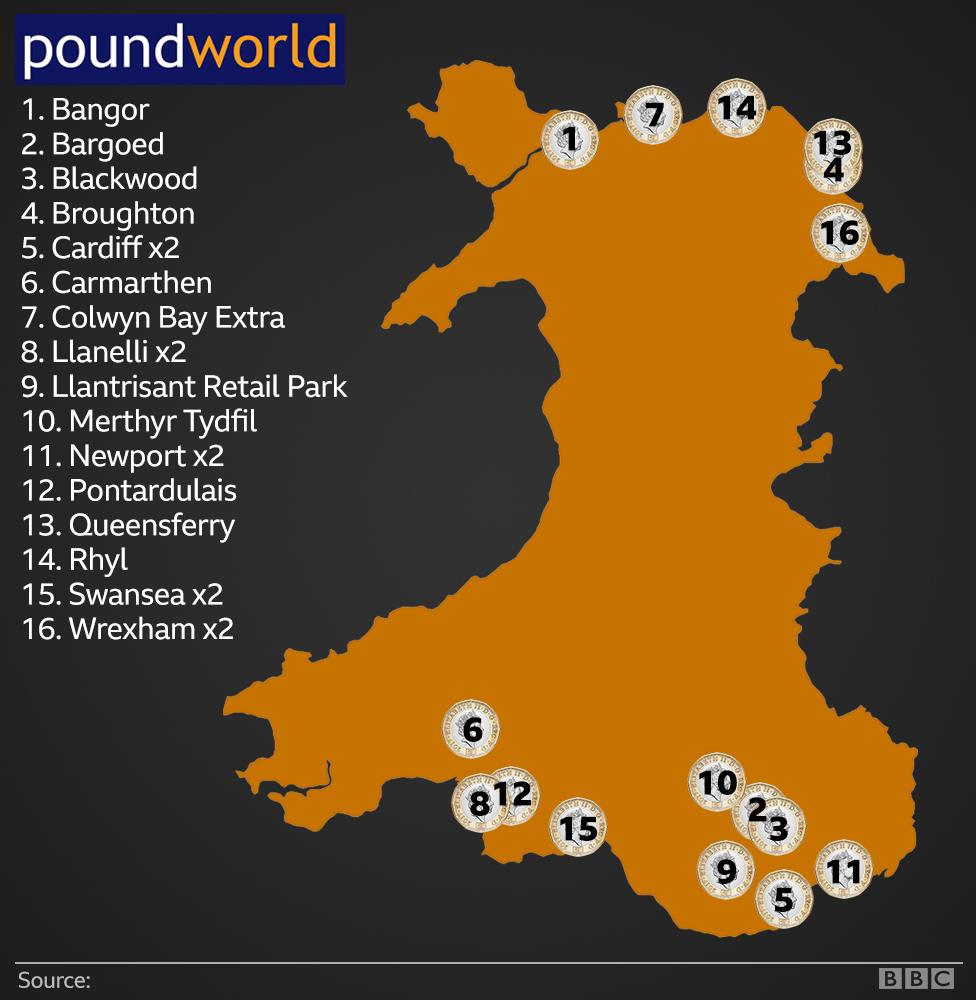 Map of Poundworld's 21 Welsh stores