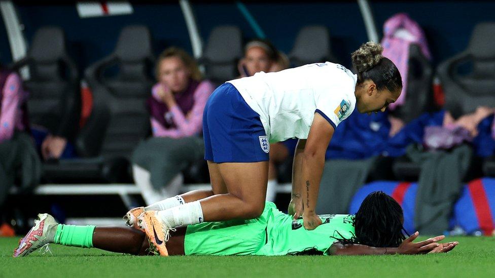 England's Lauren James (top) fouls Nigeria's Michelle Alozie, which results in a red card following a VAR review