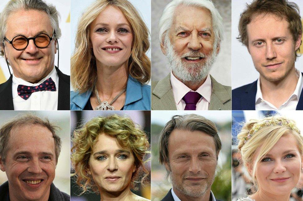 The Cannes jury: Chairman Australian director George Miller, French actress Vanessa Paradis, Canadian actor Donald Sutherland, Hungarian director Laszlo Nemes, French director Arnaud Desplechin, Italian actress Valeria Golino, Danish actor Mads Mikkelsen and US actress Kirsten Dunst (Iranian producer Katayoon Shahabi is not pictured)