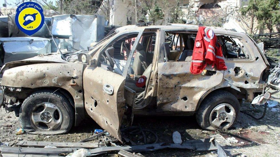 The wreckage of an aid convoy bombed in Aleppo, Syria on September 20, 2016