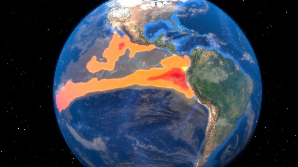 Diagram showing warming waters of the Pacific Ocean.