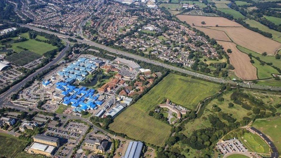 Aerial view of Bournemouth Hospital and the A338 Spur Road at Bournemouth