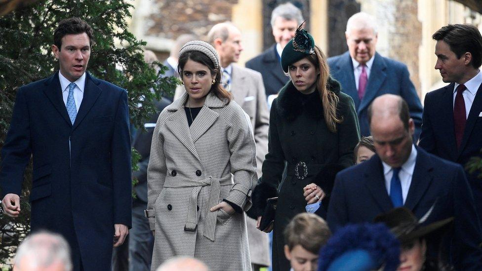 Princess Eugenie, Princess Beatrice, Jack Brooksbank and Edoardo Mapelli Mozzi attend the Royal Family's Christmas Day service