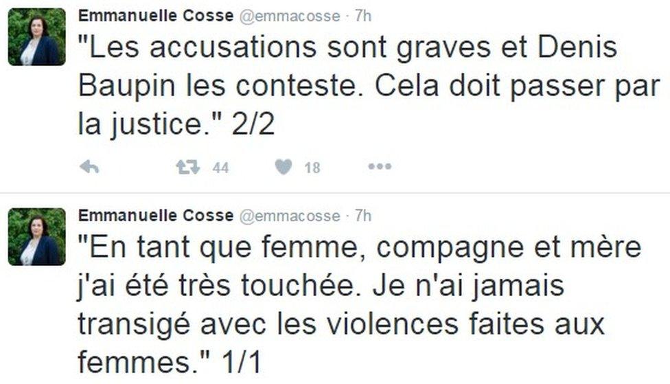 "As a woman, wife and mother I feel very affected. I've never condoned violence against women. The allegations are serious and Denis Baupin denies them. There has to be an investigation"