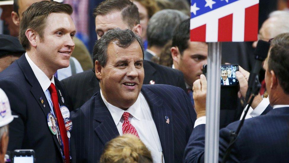 New Jersey Governor Chris Christie poses for a photo with convention goers at the Republican National Convention in Cleveland, Ohio, 19 July