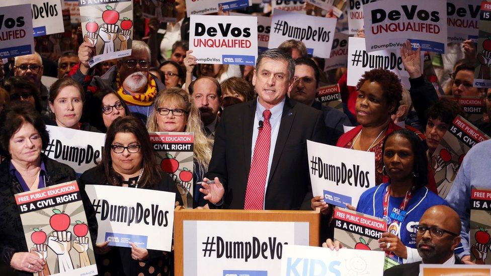 California Teachers Association president Eric Heins speaks as California educators voice their opposition to President Donald Trump"s nomination of Besty DeVos as Secretary of Education - 28 January 2017