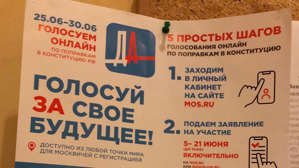 This sign reading "vote FOR your future" went up in Russian flats