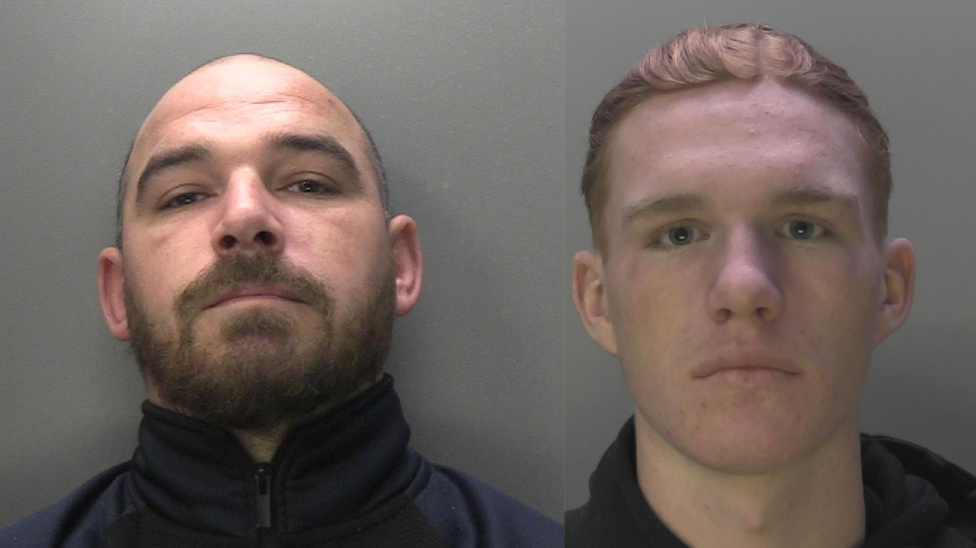 Police mugshots of a man with a shaved head and brown beard and a younger man with short red hair.