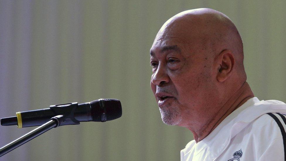 Suriname's President Desi Bouterse, addresses the public before taking part in a yoga class on the 4th International Yoga Day in Paramaribo, Suriname on June 21, 2018.