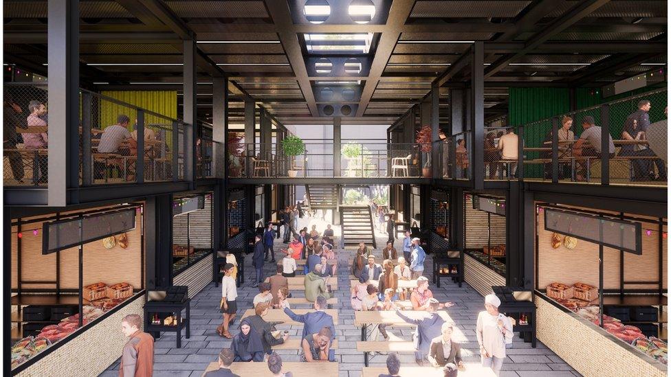 Architects plans for a new food market in Wapping Wharf