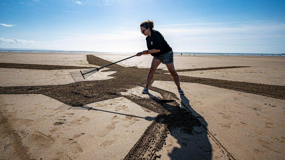 Chinook being drawn on Saunton Sands beach