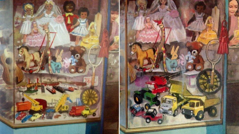 Image of toy shop in different versions of book