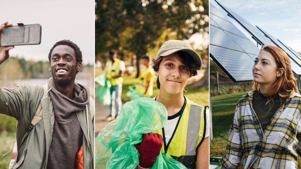 Three images of young people outside