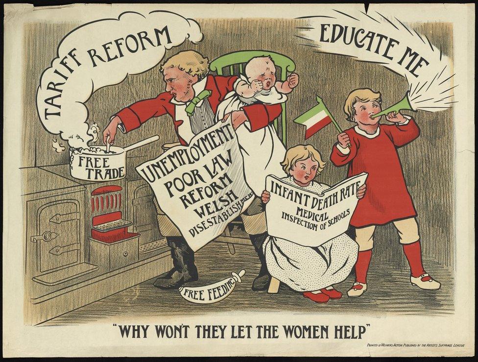 John Bull grapples with children and housework who represent the big issues of Edwardian Britain.