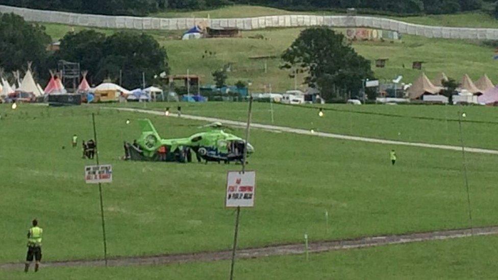 Air ambulance on site at Glastonbury Festival