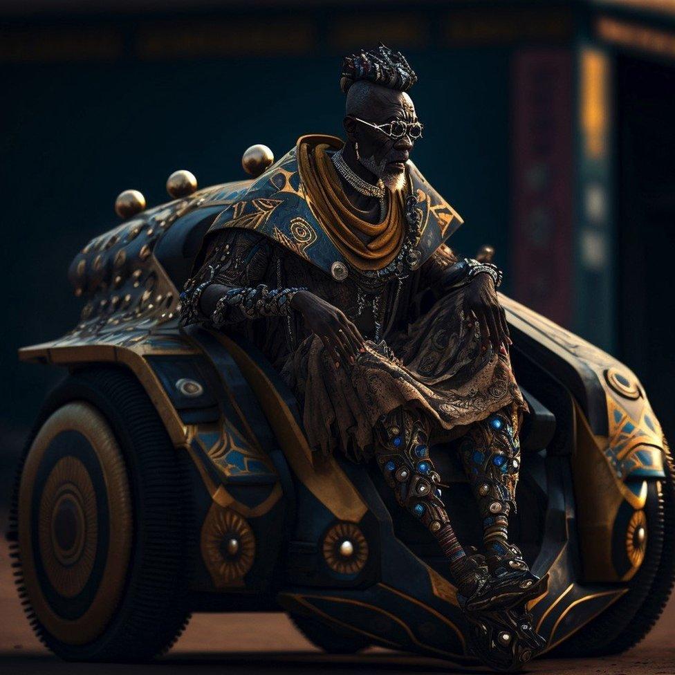 Afro-futuristic man on vehicle