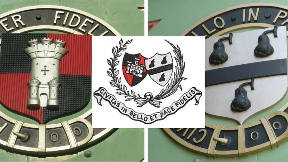 Worcester City's ancient and modern crests and the city council's logo