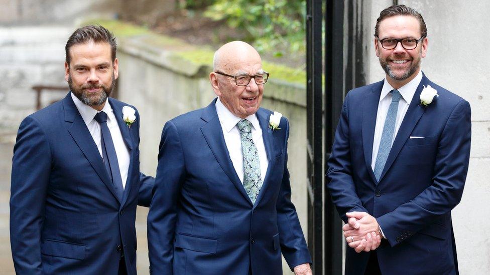 Rupert Murdoch with his sons Lachlan Murdoch (L) and James Murdoch (R) arrives at St Bride's Church for a service to celebrate his marriage to Jerry Hall on March 5, 2016 in London, England