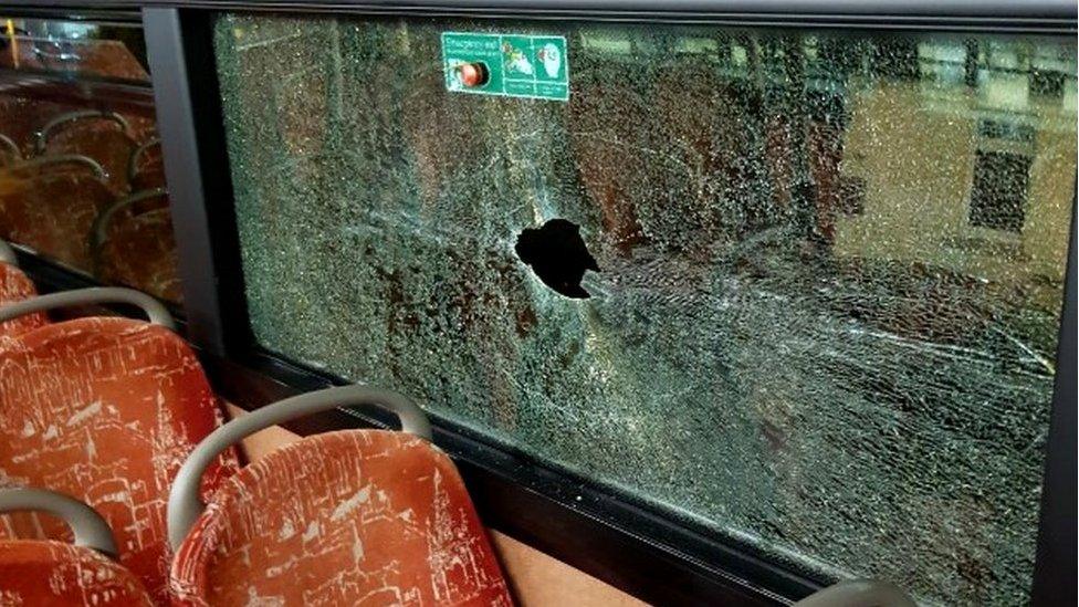 Shattered bus window