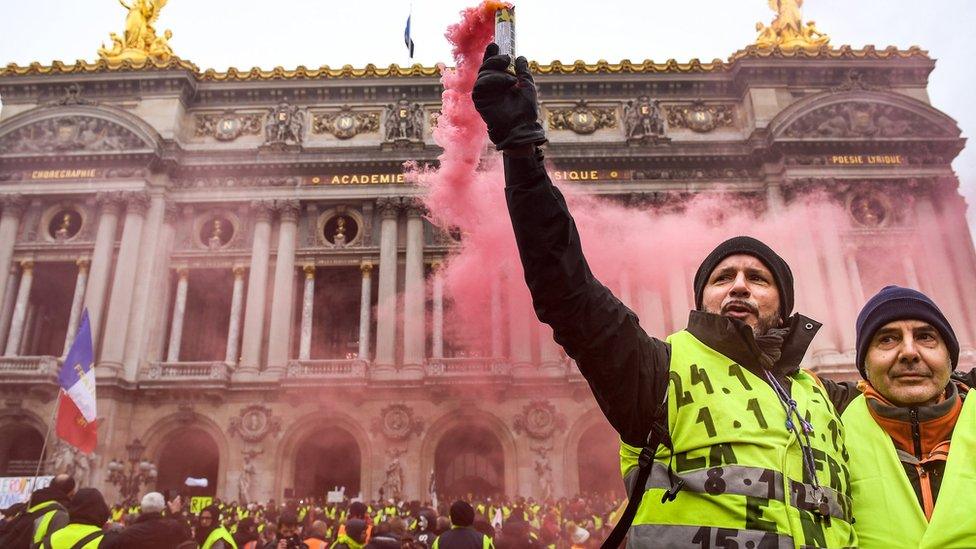 Protesters gather at Place de l Opera during the "yellow vests" demonstration on 15 December.