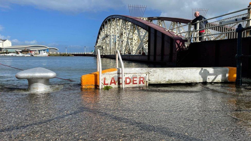 Flooding on quayside at Ramsey Harbour