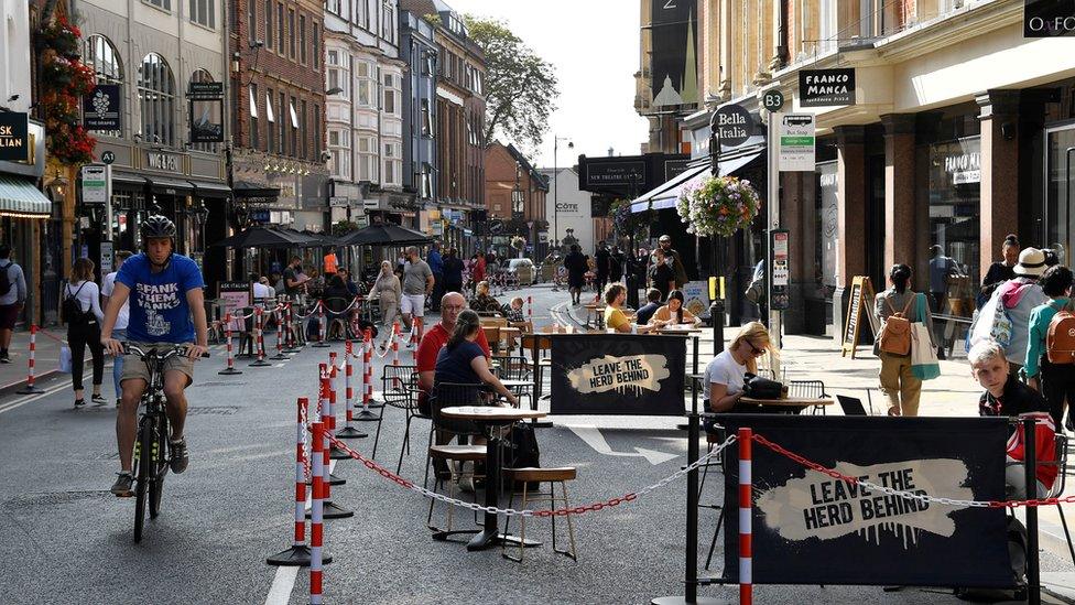 General view of a road that has been pedestrianised to encourage social distancing and outdoor dining in the city centre, amidst the coronavirus disease (COVID-19) pandemic, in Oxford, Britain