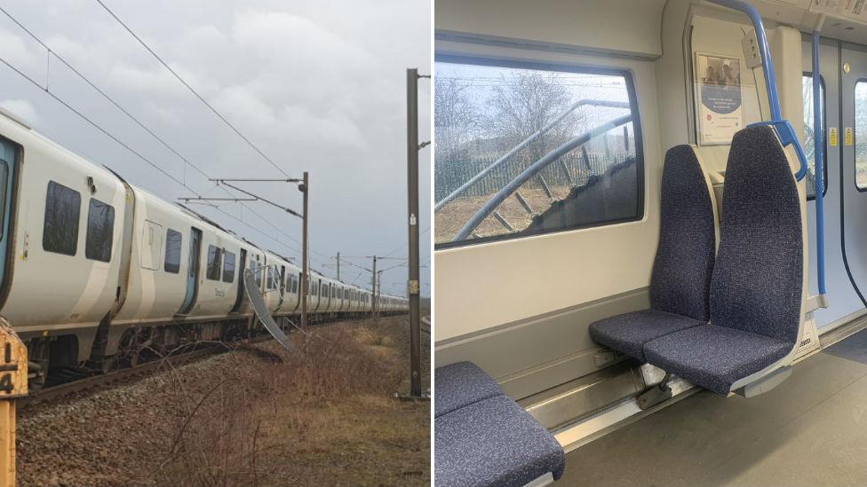 A trampoline against a train window