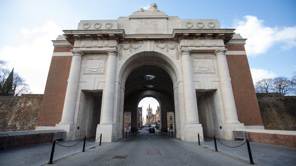 The Menin Gate Memorial to the Missing stands against a blue sky on April 6, 2017 in Ypres, Belgium.