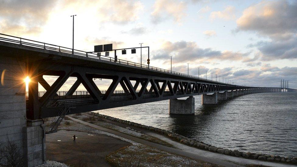 The sun sets over the Oresund Bridge