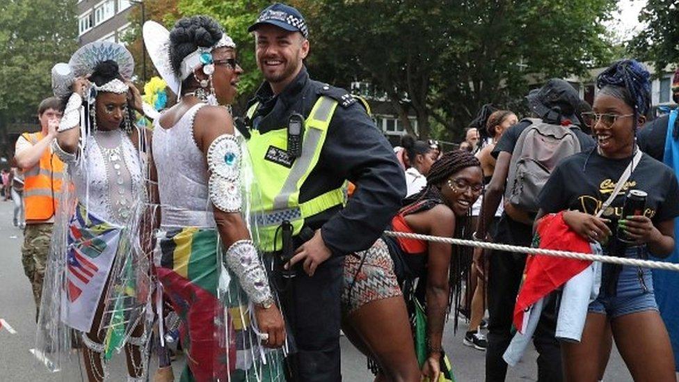 Police officer and performers