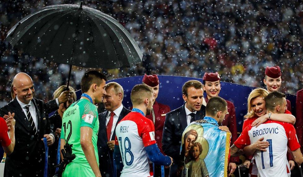 Fifa president Gianni Infantino, President of Russia Vladimir Putin, French President Emmanuel Macron and Croatian President Kolinda Grabar-Kitarovic are seen following the 2018 FIFA World Cup Final between France and Croatia, 15 July 2018