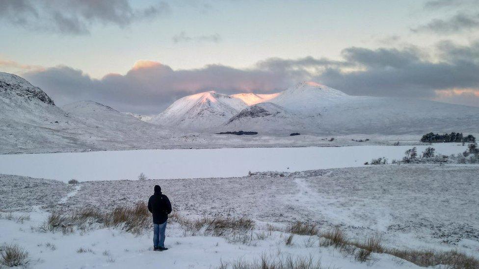 A view of a frozen Lochan na Achlaise in Rannoch Moor