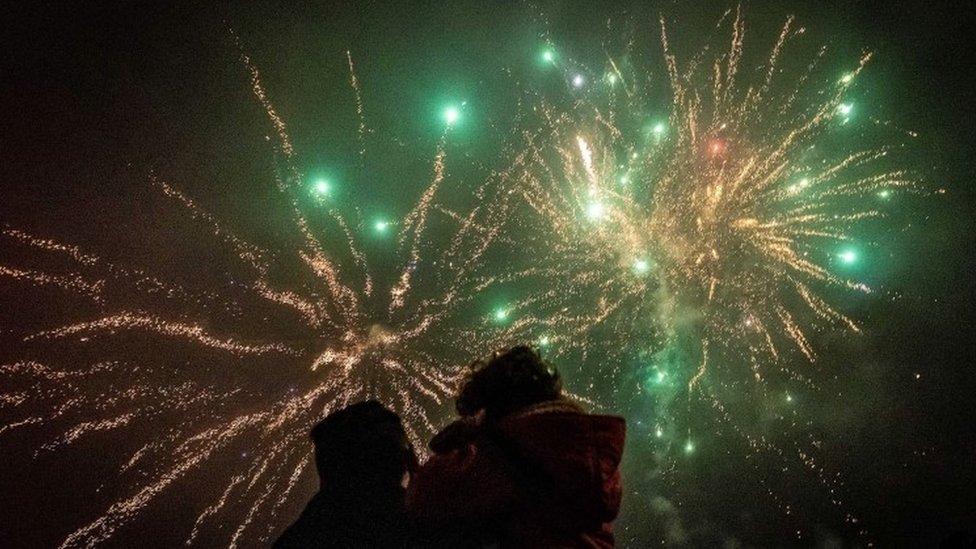 Fireworks during New Year"s Eve in Maasdam, the Netherland