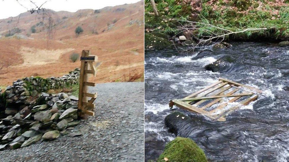 Damage to gate and gate in water in White Moss area of Lake District