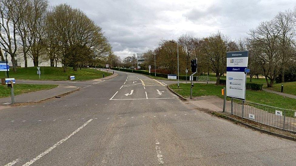 Road and sign at Norwich Research Park