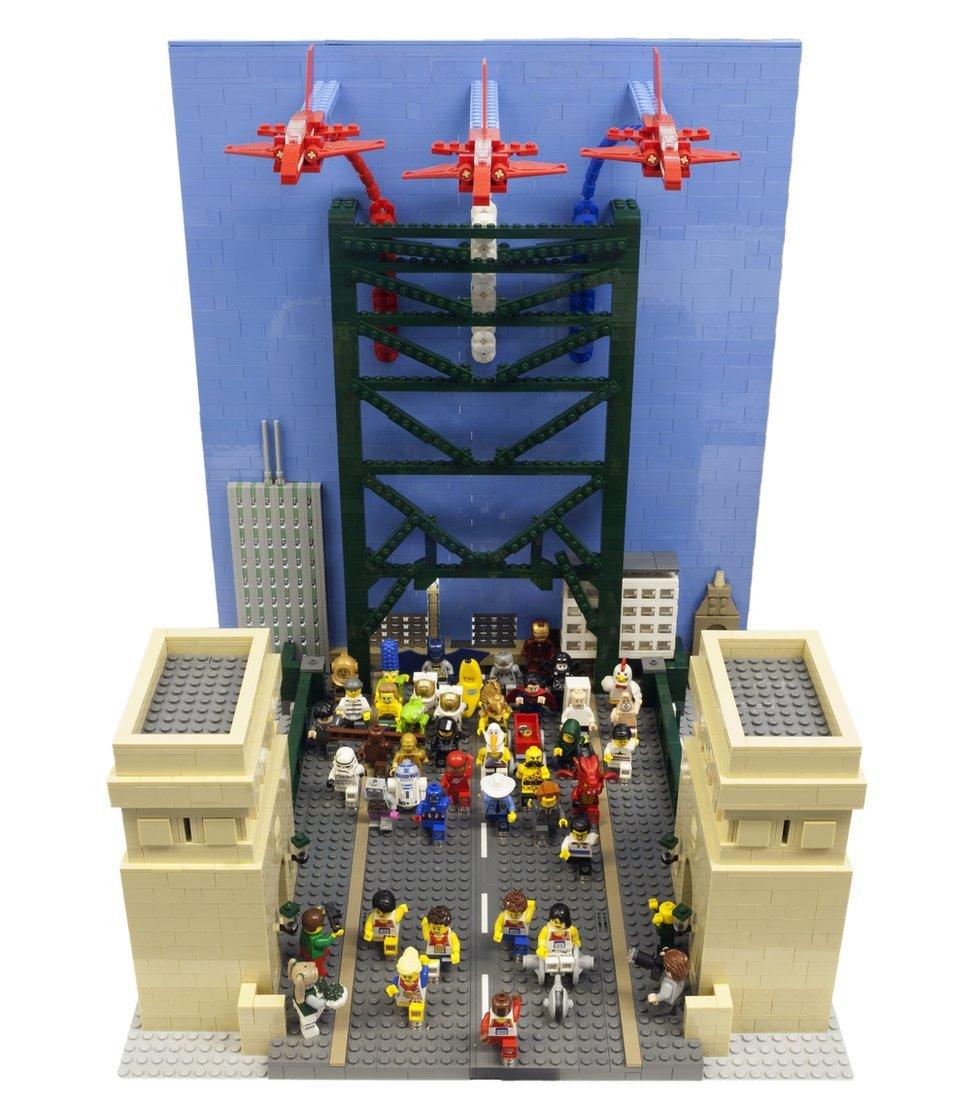 Lego model of the Great North Run with the Tyne Bridge and Red Arrows