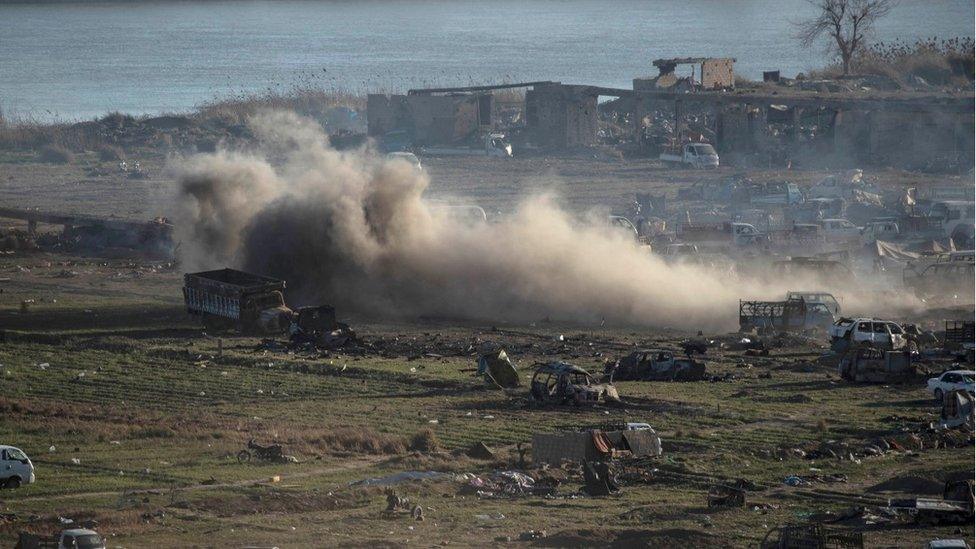 Aftermath of air strike in Baghuz on 18 March 2019.