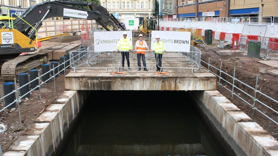 Uncovered canal underneath Churchill Way, Cardiff