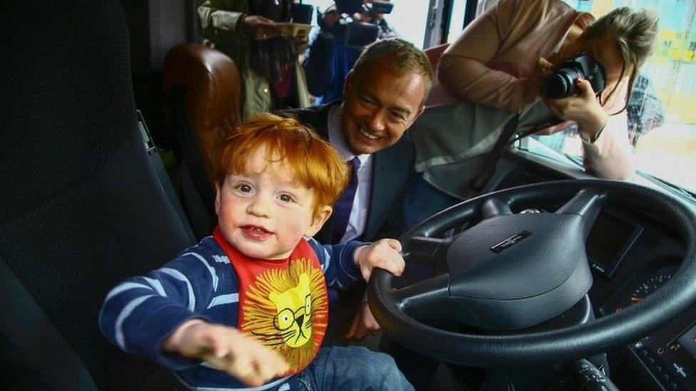 Tim Farron on the Lib Dem campaign bus in Cardiff