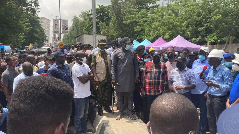 Work at the site was stopped when Lagos governor (centre) visited the site