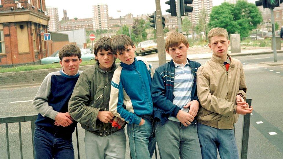 Lads at railings, Tom Wood (1987)