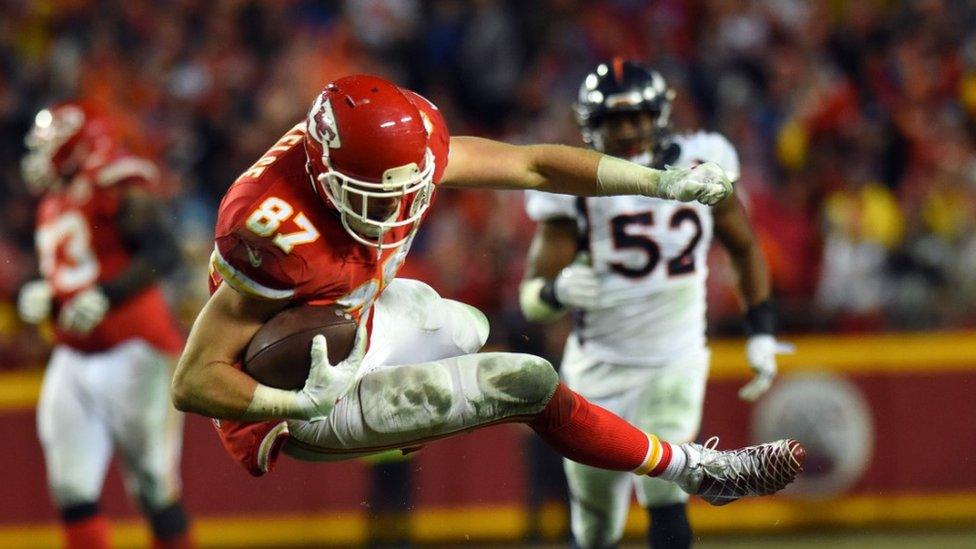 Tight end Travis Kelce #87 of the Kansas City Chiefs in action v Denver on Christmas Day 2016