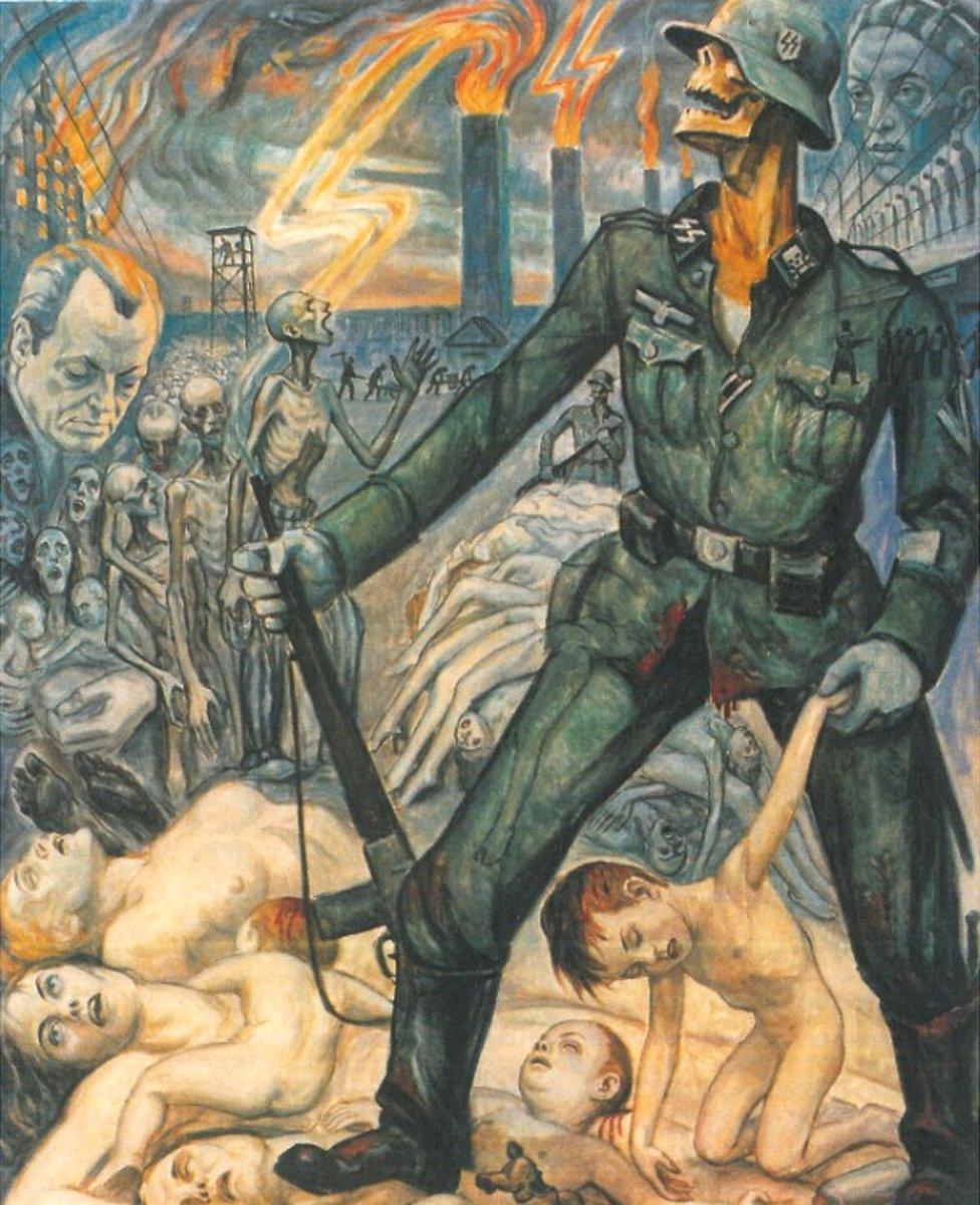 Olère painting - SS guard/crematoria/bodies (courtesy of Auschwitz-Birkenau Memorial)